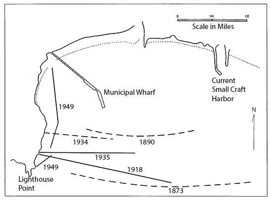 Locations and dates of proposed breakwaters in Santa Cruz Harbor. Dashed lines indicate location is approximate. Figure adapted with permission from "The Great Seaport Dream" by Frank Perry.