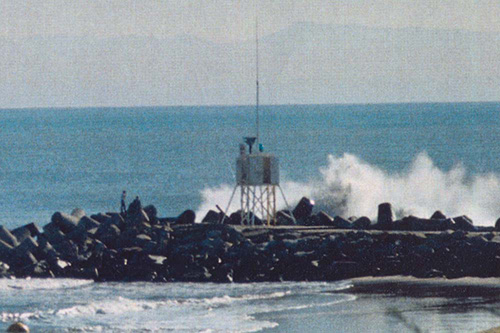 The "lunar lander" on the west jetty circa 1970. Photo from the Harbor Collection. Courtesy of the Santa Cruz Port District.