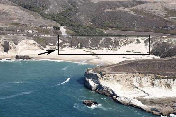 An aerial view of Bonny Doon Beach. The black rectangle encompasses the embankment made by the filled railroad trestle. The arrow on the left points to the tunnel through which Lidell Creek drains to the sea. Picture © Kenneth and Gabrielle Adelman, California Coastal Records Project www.Californiacoastline.org