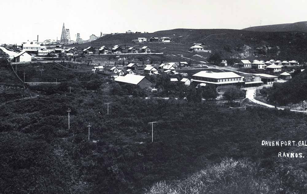 Davenport circa 1908. The modern day Roadhouse is located in the upper left where you see a white building to the left of the cement plant. The hotel and many homes in the center right are along San Vicente Creek and are mostly all gone now. Image courtesy of Alverda Orlando.