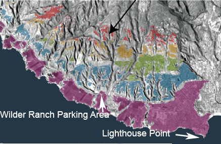 Map showing the Santa Cruz marine terraces. The purple is the first marine terrace. The blue is referred to here as the second, green the third, yellow the fourth and red the fifth marine terrace. The black arrow points to fifth marine terrace. Image is modified from a 2008 paper by Art White and colleagues on chemical weathering (listed at bottom).
