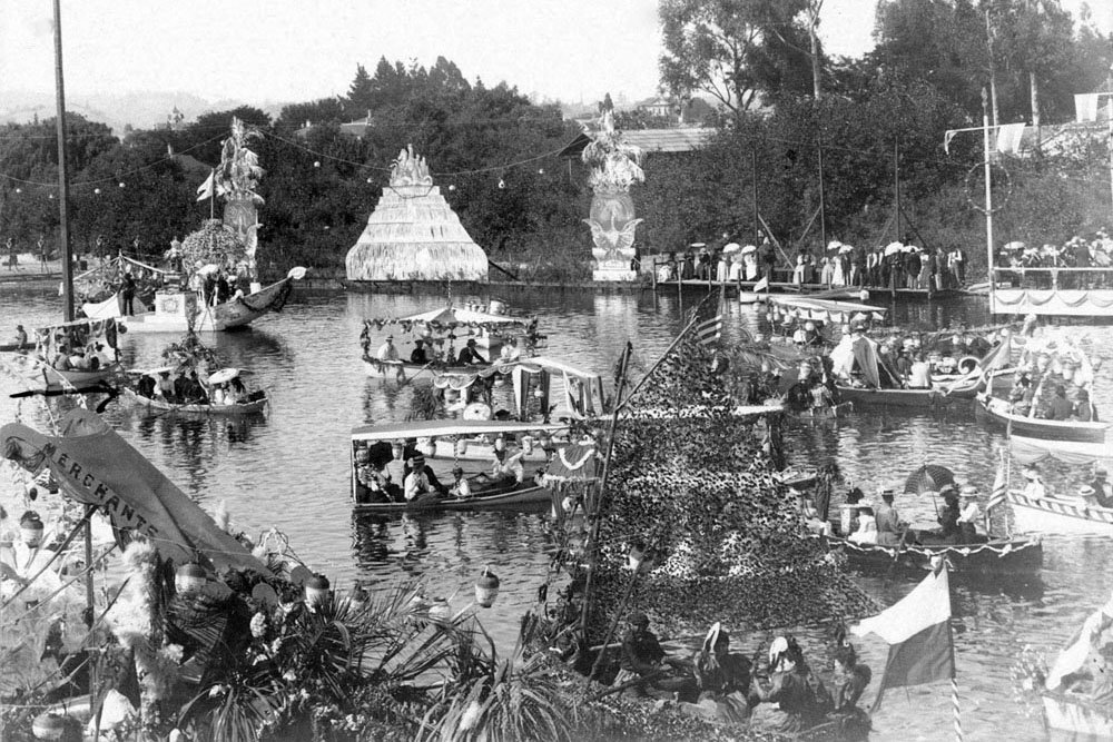 Gondolas and floats decorate the San Lorenzo River for the Venetian Water Carnival. Picture courtesy of and copyright Santa Cruz Public Library.