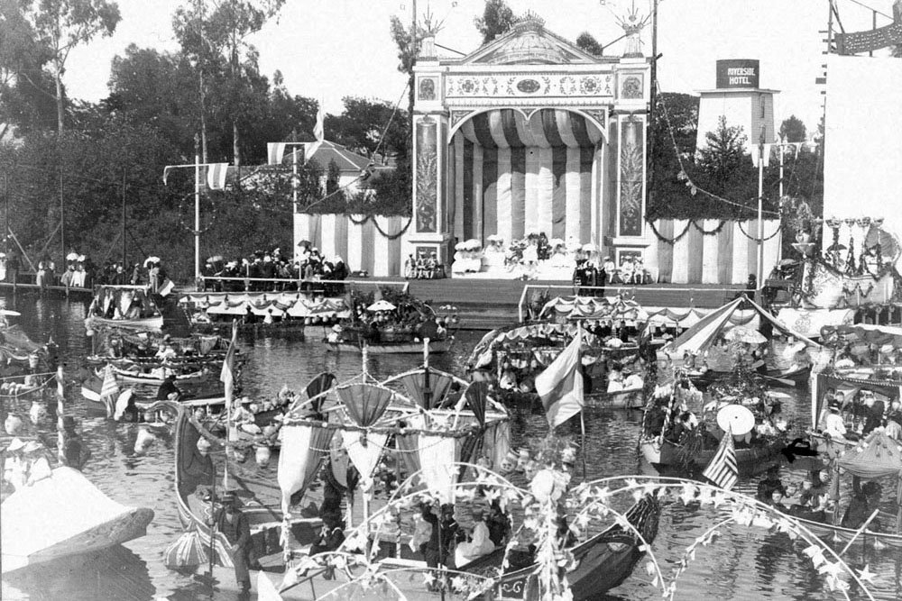 Venetian Water Carnival Main Stage on the San Lorenzo River. Picture courtesy of and © Santa Cruz Public Library.