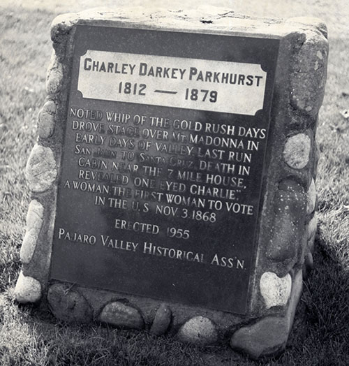 Charler Parkhurst's grave marker. Pioneer Cemetery, 44 Main Street, Watsonville, California. Photo Courtesy of the Santa Cruz Museum of Art and History.