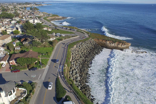 Rip-rap filling the beach between San Jose and Stockton Avenues along West Cliff Drive, Santa Cruz, California. Photo © Archer Koch of MultiRotorCam.