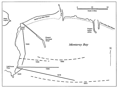 Locations and dates of proposed breakwaters in Santa Cruz Harbor. Dashed lines indicate location is approximate. Figure adapted with permission from "The Great Seaport Dream" by Frank Perry.