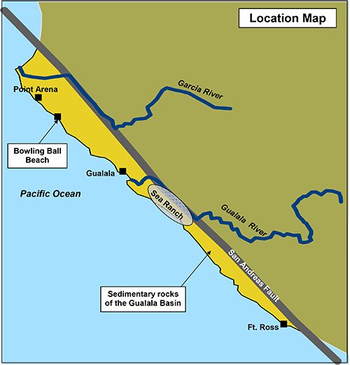 The San Andreas Fault runs right through Bowling Ball Beach. The uplift caused by the fault has pushed ocean floor rock up to form part of the cliff face. Image courtesy of Ted from geologictrips.com.