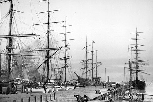 "On the wharves, San Francisco, 1900". This was the vision for Santa Cruz circa the late 1800s. A seaport to rival San Francisco. Photo from Wikimedia Commons.