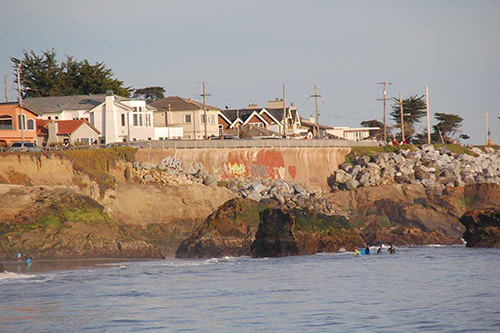 A sea wall and rip-rap along West Cliff Drive, Santa Cruz, California, 2011.
