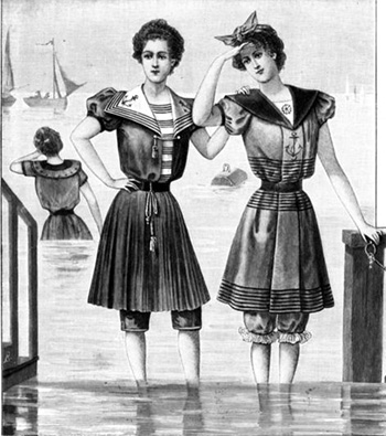 Women in their bloomers at the beach in 1898. Original image is in the public domain.