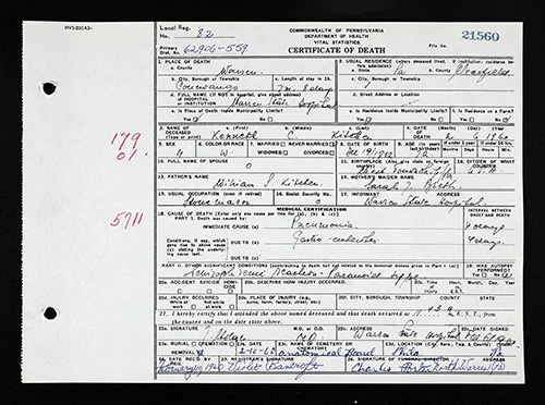 Death certificate for Kenneth Kitchen. Thank you to Kelly Odron for bringing this to our attention and providing the file.
