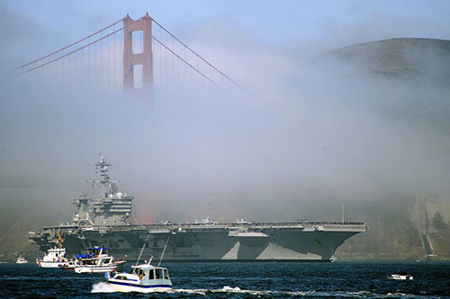 In order to be visible to ships, the U.S. Navy wanted the Golden Gate Bridge covered in yellow and black stripes! Photo courtesy of Official U.S. Navy Page. (October 13, 2011)
