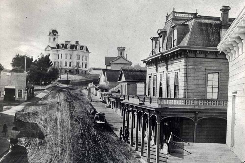 Mission street as it was circa 1880 between the Lower and Upper Plazas. Photo courtesy of the Santa Cruz Museum of Art and History.