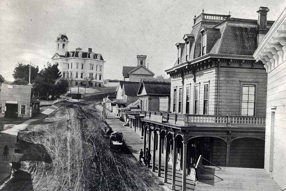 Mission street as it was circa 1880 between the Lower and Upper Plazas. Photo courtesy of the Santa Cruz Museum of Art and History.