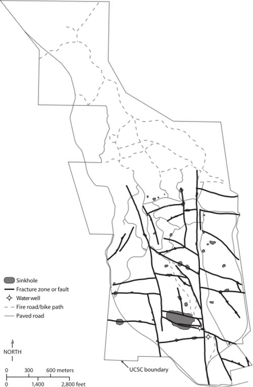Map of sinkholes and fracture/fault zones on campus. Photo courtesy of the UCSC Environmental Studies Department.