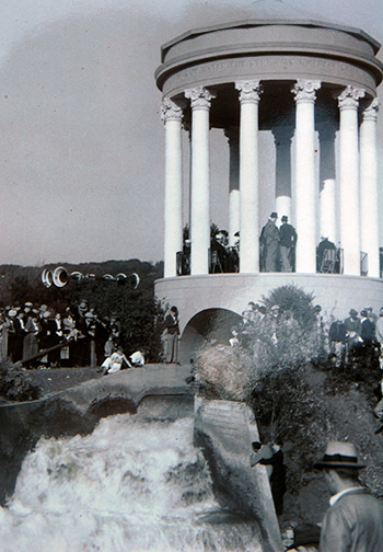 Dignitaries surround the temporary temple to celebrate the first rushings of water from the Hetch Hetchy Water System, October 28, 1934.