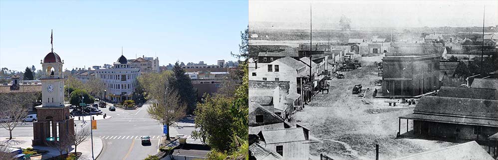 Santa Cruz's Lower Plaza in 2015 (left) and circa 1860 (right; photo courtesy of the Santa Cruz Museum of Art and History).