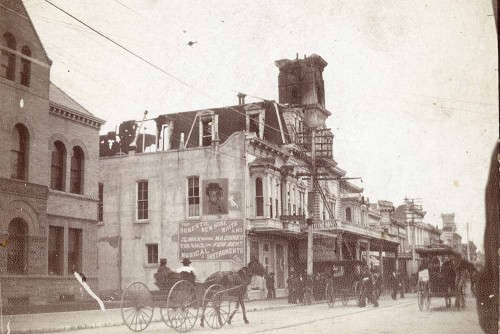 The town clock escaped the fire of 1894 but burned in 1899. It was rebuilt within a year. Photo courtesy of the Santa Cruz Museum of Art and History.