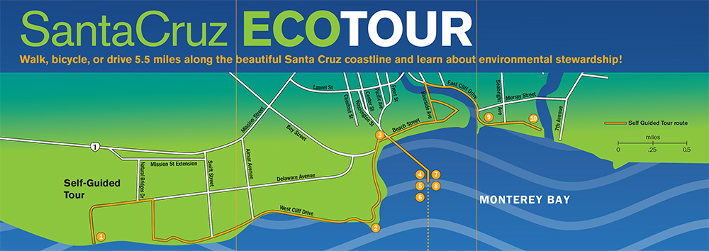 Map of all the EcoTour Stops: From The Seymour Center to the Santa Cruz Harbor.