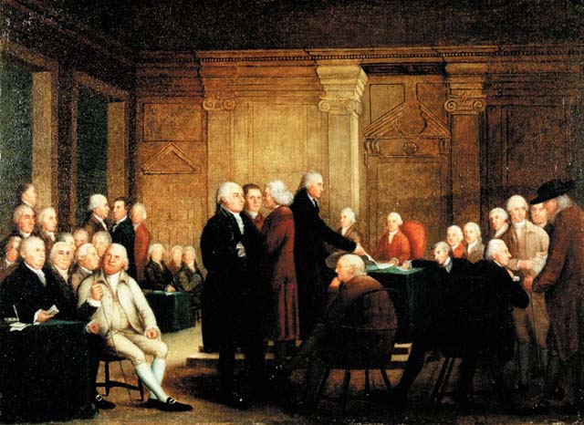 The Second Continental Congress votes on Independence. Robert Edge Pine (unfinished at his 1788 death), completed by Edward Savage - Historical Society of Pennsylvania, via the US Library of Congress.