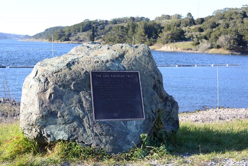 This monument along San Andreas Dam was installed in 1991 and marks the area that underwent 8 feet of displacement.