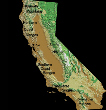 The major mountain ranges in California. The Central Valley is the brown elongated feature in the center of most of the state. Image courtesy USGS.