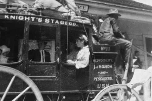 The Knights Stage Line ran daily on Old La Honda Road, taking passengers from the train depot in Redwood City through the redwoods of La Honda and on to the beaches of Pescadero. 1897. Photo courtesy of Bud Foss and Bob Dougherty.