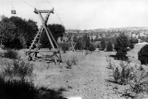 The terminus of the Hallidie wire ropeway on the summit near Old La Honda Road, c. 1895. Photo courtesy of Portola Valley archives.