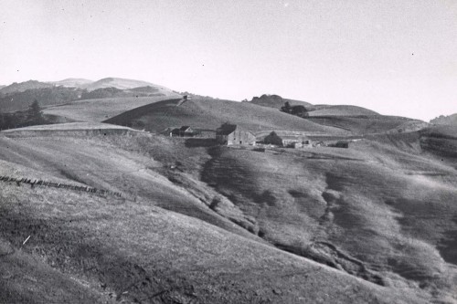 The old Brown ranch during the construction of the boulevard. Note the wide open pasture land, now being filled in with coyote brush.