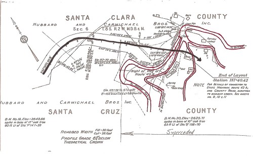 A state survey shows Skyline Boulevard (dark line) plowing through a tangle of local roads at the gap, 1928, superceding the Summit Road. Map courtesy of CalTrans, modified by Janet Schwind.