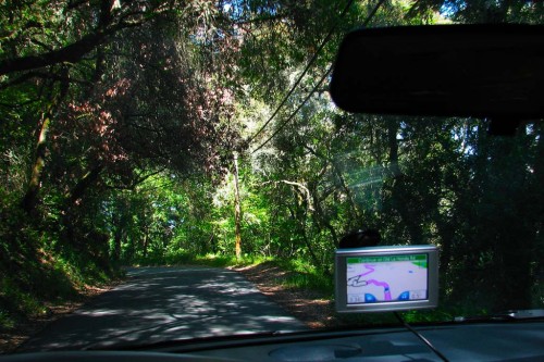 What the Garmin dashboard GPS display looked like at the top of Old La Honda Road, June 2007. The photographer, Antti T. Nissinen, commented that "Garmin tricked us big. Old La Honda Boulevard was not made for cars."