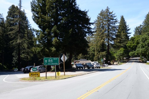 The intersection of Skyline Boulevard and Highway 84 to La Honda.
