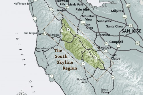 he South Skyline Region in the Santa Cruz Mountains along the San Francisco Peninsula. Map © Eric Goetze, courtesy of Eric Isacson.