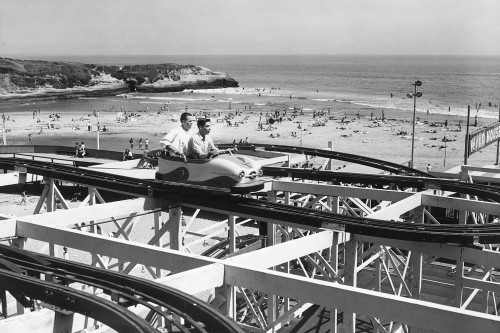 The Wild Mouse ride pictured here was one of three new thrill rides added to the Boardwalk in the 1950s and 60s. In the distance you can see beach-goers enjoying the San Lorenzo river mouth. Photo courtesy and copyright of the Seaside Company.