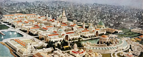 A remastered depiction of the exhibit palaces at the Panama-Pacific International Exposition of 1915. Photo originally published by ,a href="https://commons.wikimedia.org/wiki/File:Flickr_-_%E2%80%A6trialsanderrors_-_Panama-Pacific_International_Exposition,_San_Francisco,_aeroplane_view,_1915.jpg">Pacific Novelty Co.