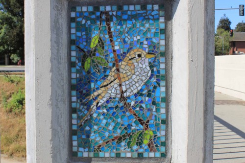 A mosaic of a bird on the Water St. Bridge. Photo courtesy and © of the Coastal Watershed Council.