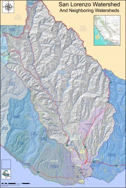 See if you can trace the San Lorenzo River from the Boardwalk to the Santa Cruz Mountains and find out if you live in or are visiting the San Lorenzo Watershed. Map courtesy of Santa Cruz County Geographic Information Systems.