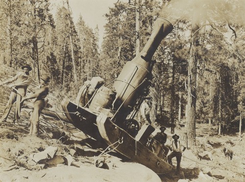 >A steam donkey at work in the Oil Creek area of the Pescadero basin (no date). Photo: Courtesy of San Lorenzo Valley Museum