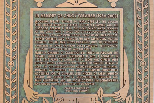 Commemorative plaque next to the Del Mar theater. Plaque detail.