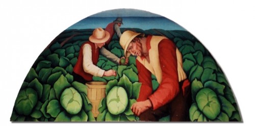 “Artichoke Industry,” 1 of 2. Mounted in a lunette at the south end of the main lobby in 1937, above the postmaster’s office in 1937 (oil on canvas, 36 x 72 inches). 