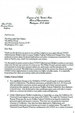 April 27, 2012 letter from Congresswoman Anna Eshoo and 10 other members of Congress to the Honorable Rob Nabors, then White House Director of Legislative Affairs. The letter expresses profound concern about NASA Administrator Charles Bolden's plan to declare Moffett Field and Hangar One as excess property. Source: Navydocs.org