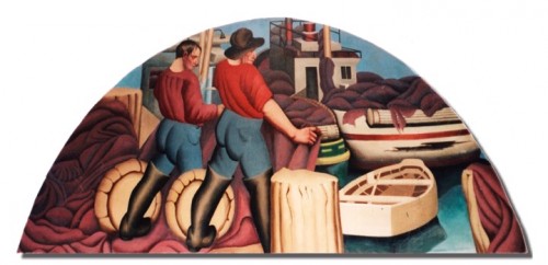 “Fishing Industry.” Mounted in a lunette at the south end of the lobby in 1937, facing the main entrance (oil on canvas, 48 x 102 inches).