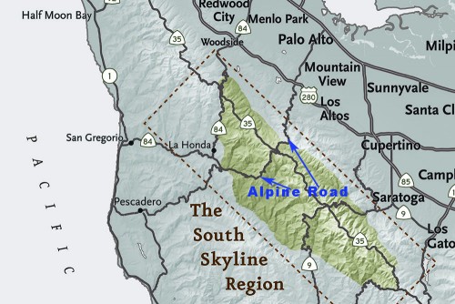 Alpine Road, within the South Skyline Region in the Santa Cruz Mountains, along the San Francisco Peninsula. Original Map © Eric Goetze, courtesy of Eric Isacson.