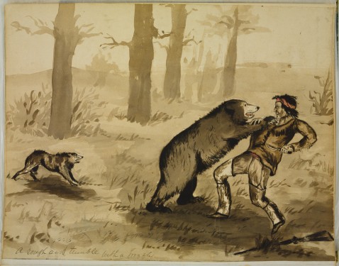 “A rough and tumble with a grizzly,” by H. Bullock Webster, ca. 1874 – 1880. Image: University of British Columbia