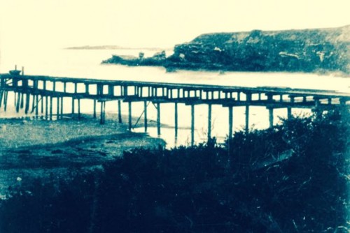 The Waddell Wharf, circa 1868. It shows a newer platform built on top of an older wharf likely damaged in a storm. Photo: Santa Cruz Museum of Art and History