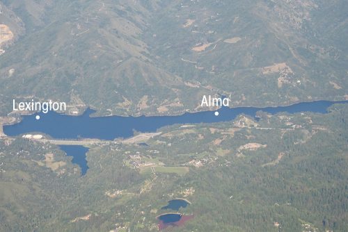 Lexington Reservoir modified to show the locations of the two submerged ghost towns, Lexington and Alma. Photo by Ernest McGray, Jr.