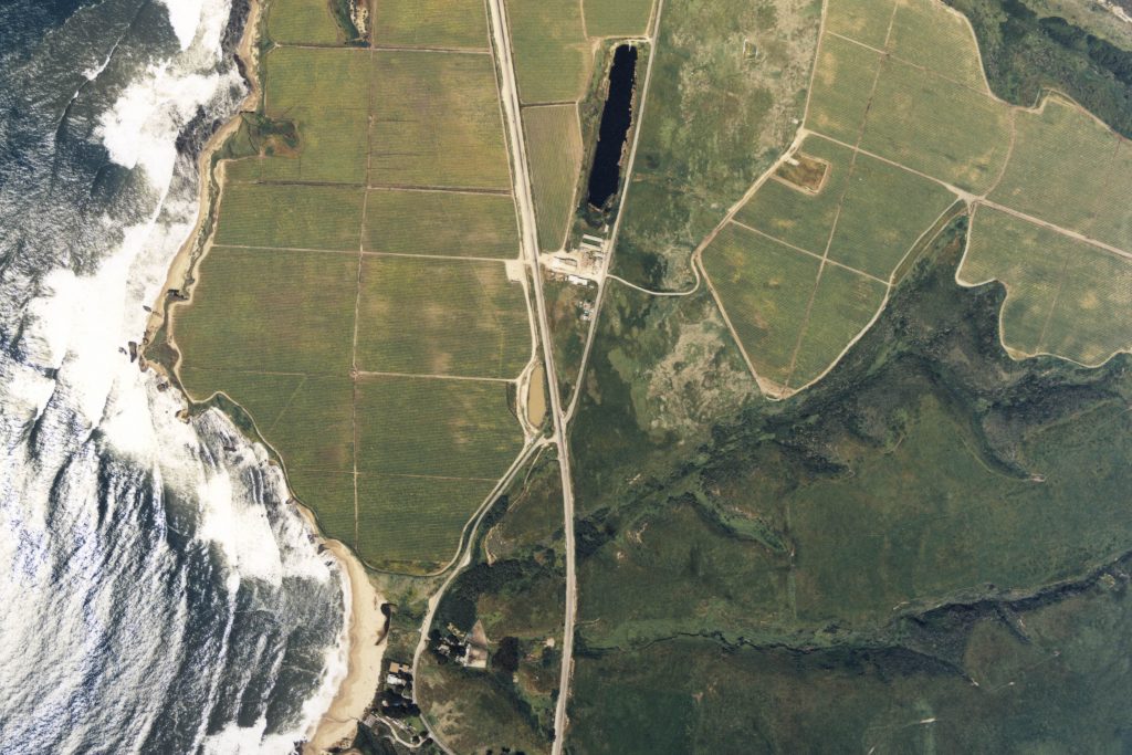 Aerial image of El Jarro Point in 1993. This is area is about 3.5 miles south of Greyhound rock. The buildings in the center-top portion are what is now Swanton Berry Farms. Photo: © Kenneth and Gabrielle Adelman, California Coastal Records Project .http://www.Californiacoastline.org
