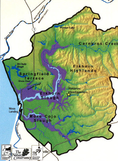 Most of the Elkhorn Slough Watershed. Image: courtesy of the The Elkhorn Slough Foundation note got from elkhon slough.org website at http://library.elkhornslough.org/esf/eswcp/ConservationPlan.pdf and ED said prob ok - just run it by them when live.