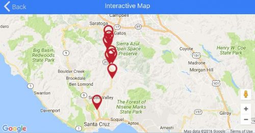 A screen shot of the stops and the interactive map feature in the self-guided mobile tour.