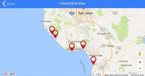 A screen shot of the stops and the interactive map feature in the self-guided mobile tour.